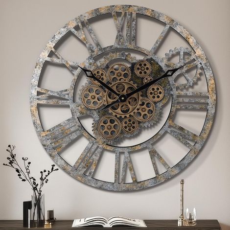 Horloge Murale Geante avec Engrenages Mobiles, Marron Industrielle Bois, Vintage Pendule Murale Retro, Chiffres Romains 57cm pour Salon Bar Bureau (1/5)
