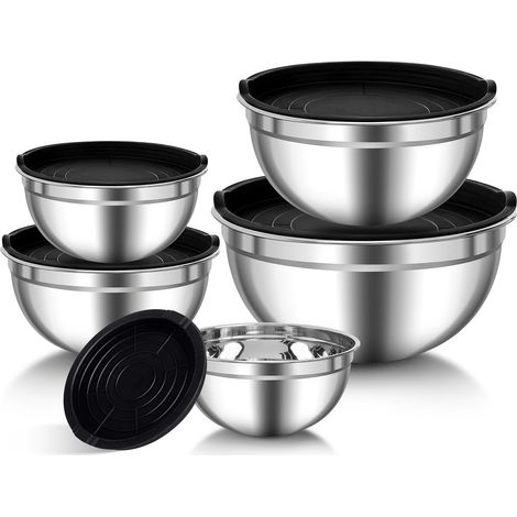 Lot de 5 Saladiers, Acier inoxydable, Couvercles hermétiques, Empilables, Lave-vaisselle, Cuisine (1/5)