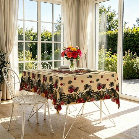 Nappe rectangulaire vintage à motif rose et bordure tropicale (1 pièce), nappe légère pour table d'été sur le thème des pique-niques. (1/4)