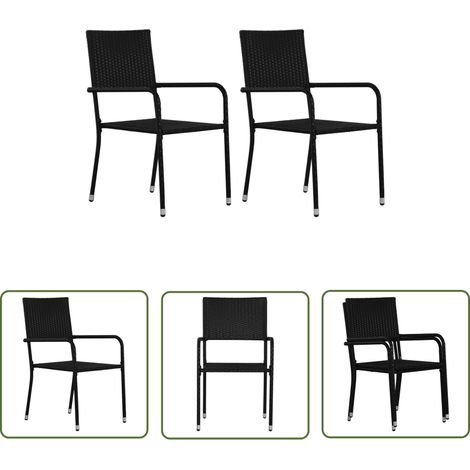 The Living Store Garten-Essstühle 2 Stk. Stapelbar Schwarz Poly Rattan - Gartenstuhl - Outdoor Stuhl - Balkon Möbel - Terrassentisch - Esszimmertisch (1/5)
