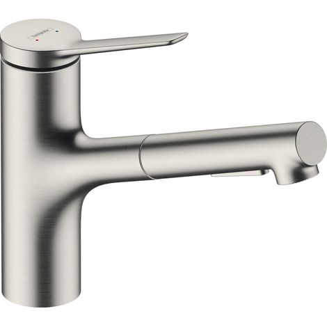 Hansgrohe – Mitigeur de cuisine avec douchette – 2 jets : jet laminaire, jet pluie – Bec orientable 150° – Acier inox – Débit 8,2 l/min (1/9)