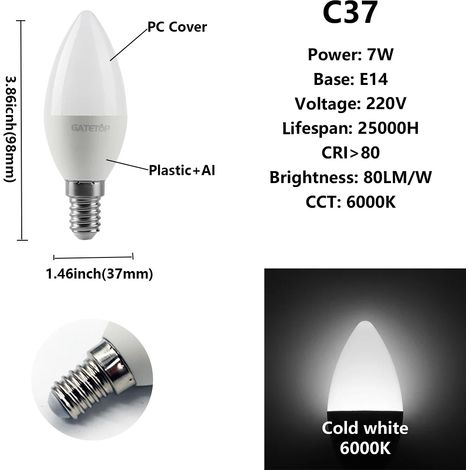 (C37 7W E14 6000K, 220V) 8 ampoules LED, pour l'éclairage et la décoration de la maison. (1/3)