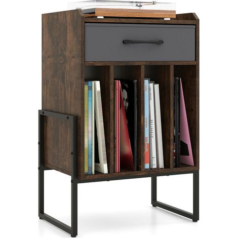 Albums et platine vinyle, meuble de rangement pour salon ou bureau, 4 niches ouvertes et tiroir brun (1/5)