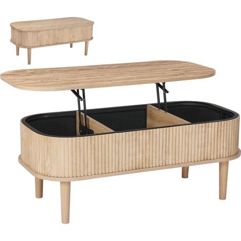 Table Basse Relevable, Table de Salon Ovale avec Rangement Caché de 3 Compartiments, Plateau Relevable, Meuble en Bois pour Maison, Bureau et Chambre, Cannelée, Mécanisme de Levage Métallique (1/5)