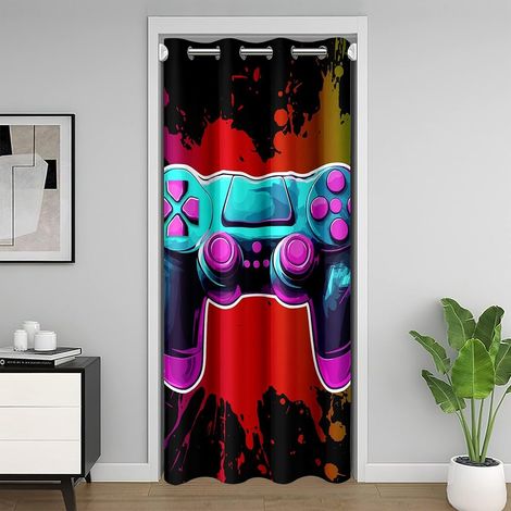 Gaming Rideau Occultant Rideaux Gamer Rideau de Porte 106x203cm pour garçons Filles 3D Jeu vidéo Teal Chambre à Coucher décor - 106L X 203H cm (1 Panneaux) (1/5)