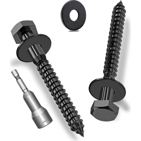 Lot de 10 vis à bois hexagonales M10 x 75 mm avec rondelles, vis hexagonales noires en acier inoxydable A2V2-DIN571, vis à clé avec rondelles et clé à douille (1/5)
