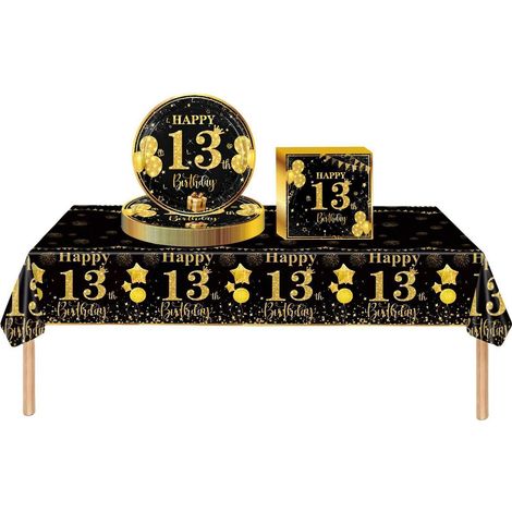 Partygeschirr Set 13. Geburtstag Schwarz Gold 37 Teile Tischdeko Teller Servietten