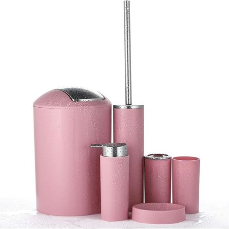 Accessoires de Salle de Bains Conception Moderne d'un Ensemble de 6 Pièces en Plastique Set de Savon émulsion Boîte à Dents Tasse de Toilette Poubelle (Rose) (1/5)