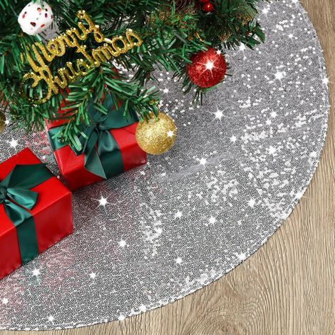 Christmas tree skirt, 90cm diameter, Christmas tree base apron, Christmas tree decoration, indoor decoration (silver) (1/5)