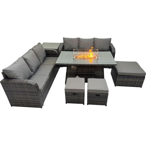 Fimous Garden Outdoor Rattan Furniture Set Rattan 3 Seater Sofa with 3 Stools Side Table Dark Grey Mixed (1/5)
