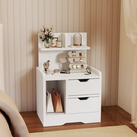 Table de chevet avec 2 tiroirs et étagères de rangement, table de chevet moderne en bois, blanc brillant (1/5)