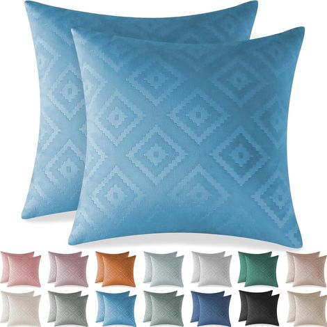 Housse de Coussin 50x50 Decoration Salon en Velours Côtelé Super Doux Coussin Canapé Décoratif Salon Banc Fauteuil Tete de Lit Couleur Unie sans Oreiller Lot de 2, Coussin Bleu (1/5)