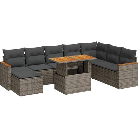 Set Divano da Giardino 9pz con Cuscini Grigio Polyrattan Acacia vidaXL (1/5)