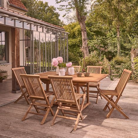 Berah Getah – Salon de jardin extensible 6/8 places en teck huilé massif – Table carrée 120/170 cm – Rallonge papillon escamotable – Confort optimal