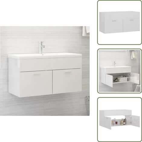 Armoire d'évier Blanc brillant 90x38,5x46 cm Bois d’ingénierie - Meuble De Salle De Bain - Armoire Lavabo - Meuble Vasque - Rangement Salle De Bain - Armoire Blanche