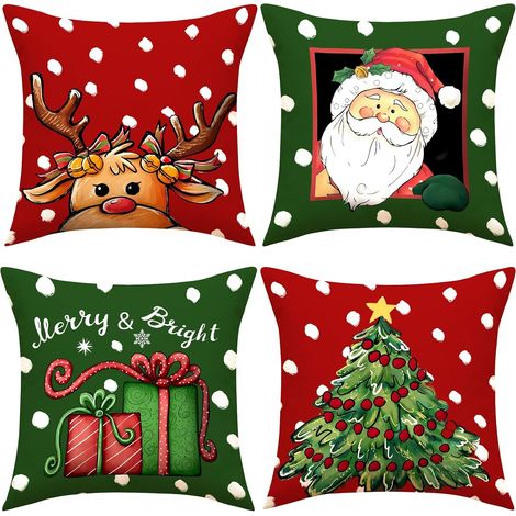 Fundas de cojín navideñas rojas de 45 x 45 cm (18 x 18 pulgadas), juego de 4 con diseños de Papá Noel y renos, cojines decorativos vintage para sofá. (1/5)