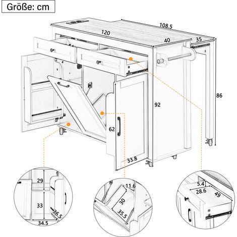 Kücheninsel auf Rollen, Ausziehbarer Essbereich Kücheninsel mit Arbeitsplatte und Abfallbehälterfach, Mobile Kücheninsel freistehend mit Steckdosenleisten, Ideal für Küche und Esszimmer (Weiß) (1/5)