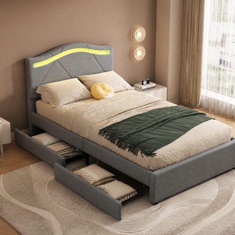 Letto singolo 90x200 cm in tessuto grigio, LED, 2 cassetti per camera, senza materasso - FLORAGRACE (1/5)