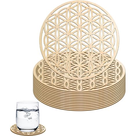 Fleur de Vie, 14 Pièces Fleur de Vie en Bois, Fle ur de VI e pour Recharger Les Pierres, sous Verre, Dessous de Verre Bois, Ssous de Verre en B ois, Purification, Méditation, Taille 10x10cm (1/5)