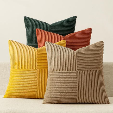 Corduroy solid color patchwork combination home decoration pillowcase, cushion cover, seat cushion cover -- yellow, brown, orange, forest green patchwork combination -- 4545cm