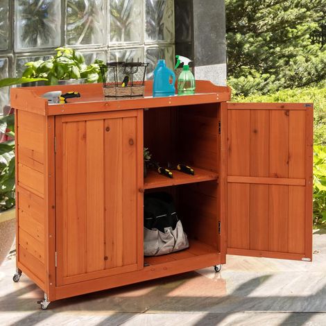 COSTWAY Gartenschrank Holz, Lagerschrank Garten, Holzschrank mit herausnehmbarem Regal, Stahl-Platte, Geräteschrank auf Rollen, Gerätehaus Geräteschuppen, Schuppen Schrank, 98,5x48x100cm (1/5)