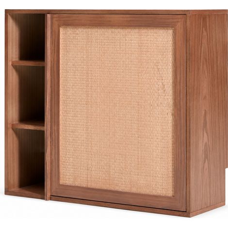 Nordlys - Meuble de Rangement avec Bureau Tablette en Bois de Noyer et Rotin (1/5)