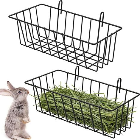 Lot de 2 niches à foin pour lapin, cage à foin noir, distributeur de nourriture à suspendre, cadre en métal avec crochet pour lapins, cochons d'Inde, petits animaux (1/5)