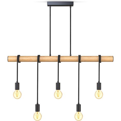 B.K.Licht 5 lampada a sospensione a fiamma I metallo e legno I E27 I nero opaco I lampada a sospensione vintage I lampada a sospensione retrò I senza lampadina (1/5)