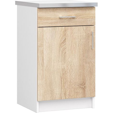 Akord – Armoire de cuisine basse 50 cm – 1 porte battante – 1 tiroir – Façade chêne sonoma – 2 étagères – Panneau stratifié – 82 cm de hauteur