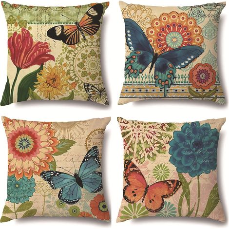 Lot de 4 housses de coussin carrées en lin 45x45cm – motifs papillons et fleurs aquarelle vintage, pour salon/canapé/chambre, décoration bohème (1/5)
