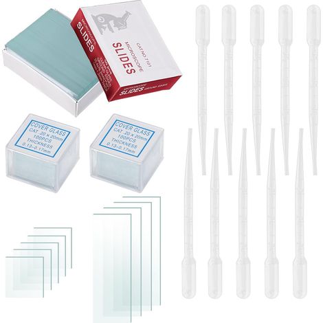 50 Pièces Lames de Microscope Pré-nettoyées 25.4 76.2mm et 200 Pièces Verres de Couverture de Microscope 20x20 mm avec 10 Compte-Gouttes pour L'étude La Biologie de Dcience en Laboratoire (1/5)
