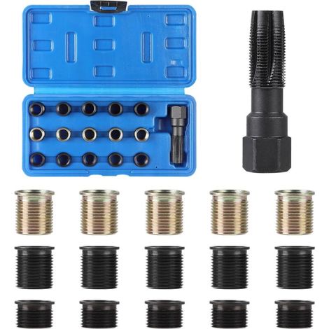Kit de réparation de filetage de bougie d'allumage M14 x 1,25 mm en 16 pièces, pour réparer les filetages de bougies d'allumage endommagés sur les culasses, les voitures et les tondeuses à gazon. (1/4)