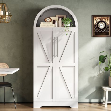 Buffet armoire haute arquée 70x40x165cm buffet cuisine vitrine avec niche ouverte 3 étagères 5 rangements porte bouteilles MDF blanc (1/5)