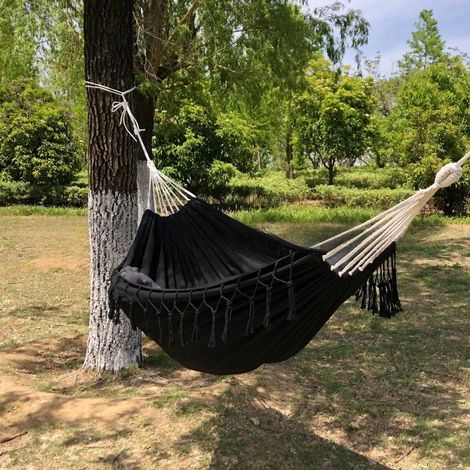 Hamac macramé à franges vintage, transat balançoire uni confortable, lit suspendu décoratif élégant pour siestes sur terrasse, dans jardin, voyages de camping et décoration esthétique de pièce (1/4)