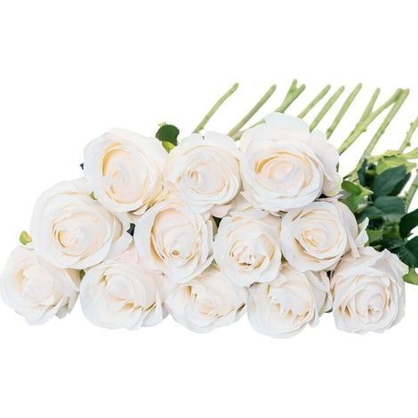 Lot de 12 Roses artificielles en Soie (Blanc) pour décoration d'intérieur, de fête de Mariage (1/5)