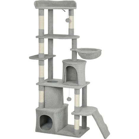 Arbre à chat Griffers 170 cm tunnel niches base large poteaux en sisal gris clair (1/5)