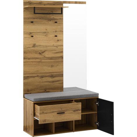 Set ingresso 190 cm effetto legno con specchio, scarpiera, panca e appendiabiti (1/5)