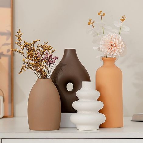 Lot de 4 vases en céramique,vases en céramique pour la décoration de la Maison,pour Herbe de Pampa et Fleurs séchées,bibliothèque,cheminée et décoration (Marron,Orange,Blanc,Jaune Terre) (1/5)