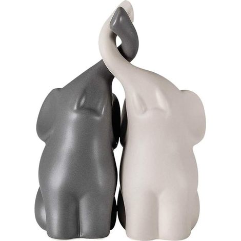 Couple harmonieux d'éléphants en céramique beige et grise - sculpture moderne (1/5)
