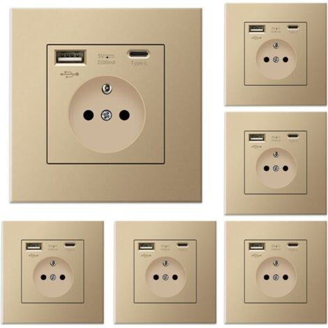 BARKBUSTERSLot de 6 prises murales avec USB et Type-C, 5 V 2,1 A, prise USB encastrée standard UE, multiprise française, 110-250 V (Doré)