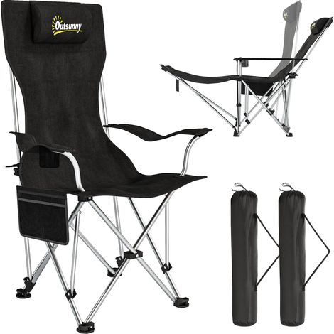 Lot de 2 chaises de camping pliantes avec repose-pieds, appui-tête, porte-gobelet et sac de rangement amovibles, 125 x 48 x 90 cm, noires