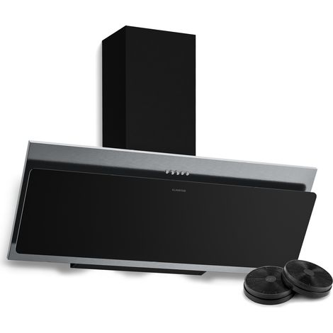 Klarstein Alessia Hotte Aspirante 90 cm - Hotte Décorative Inclinée, 404 m³/h, A+++, LED, 3 Vitesses & Boost, Filtre Charbon, Inox & Verre Noir, Recyclage ou Évacuation, Silencieuse (1/5)