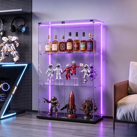 JOOKGBD-Glasvitrine,2 Tür vitrinenschrank 3 Regalen,mit Schloss und LED,Sammlerstücke Glasvitrine,Bücherregal aus Glas,Vertikale Glasvitrine,für Wohnzimmer Schlafzimmer Büro,Lampenkugel-Stil,Schwarz