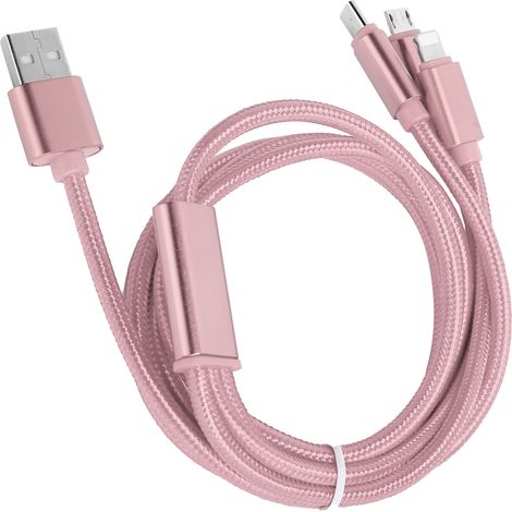 Câble de charge rapide multi-USB 3 en 1 tressé en nylon pour iOS/Type C/Micro USB - Rose (1/5)