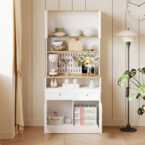 Küchenbuffet mit Türen, Schubladen, Offenen Fächern und Lochwand, aus MDF und Spanplatte, 80 x 40 x 175 cm