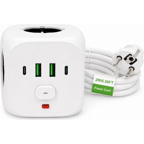 Multiprise Cube 3 Prises Schuko + USB, 2500W, Câble 2m avec Interrupteur, Multiprise Électrique Compact pour Maison et Bureau (1/5)