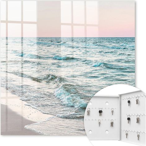 Armoire à clés - (30 cm x 30 cm) - Boîte à clés murale - Coffret de rangement pour clés - Couleur blanche - Ouverture vers la droite - Pour maison et bureau - vagues de la mer