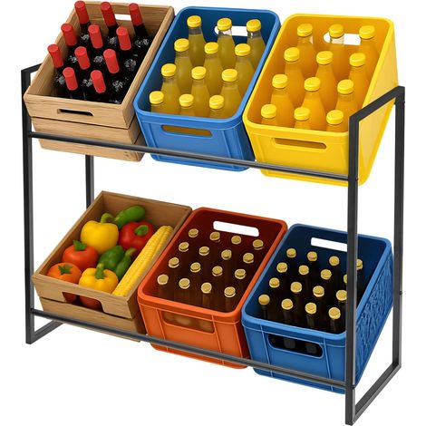 YORKING Getränkekistenregal Platzsparender Kistenständer Massives Kistenregal für Wasserkisten Bierkisten Mehr Standing Shelf Units Drinks Beer Water Crate Shelf (Schwarz, Für 6 Kisten) (1/5)