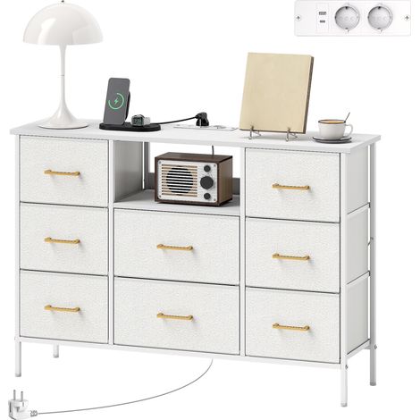 Commode 8 tiroirs 110 x 30 x 76 cm prises usb et type-c intégrées gain de place moderne épuré en tissu bouclette crème (1/5)
