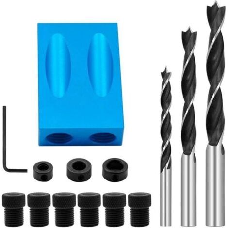 Gabarit de Percage Oblique, Gabarit de Trou de Poche avec Forets 15é Positionneur de Menuisier Guide de Percage pour Coin à Bois avec Adaptateur pour Trou de 6/8/10mm (1/5)